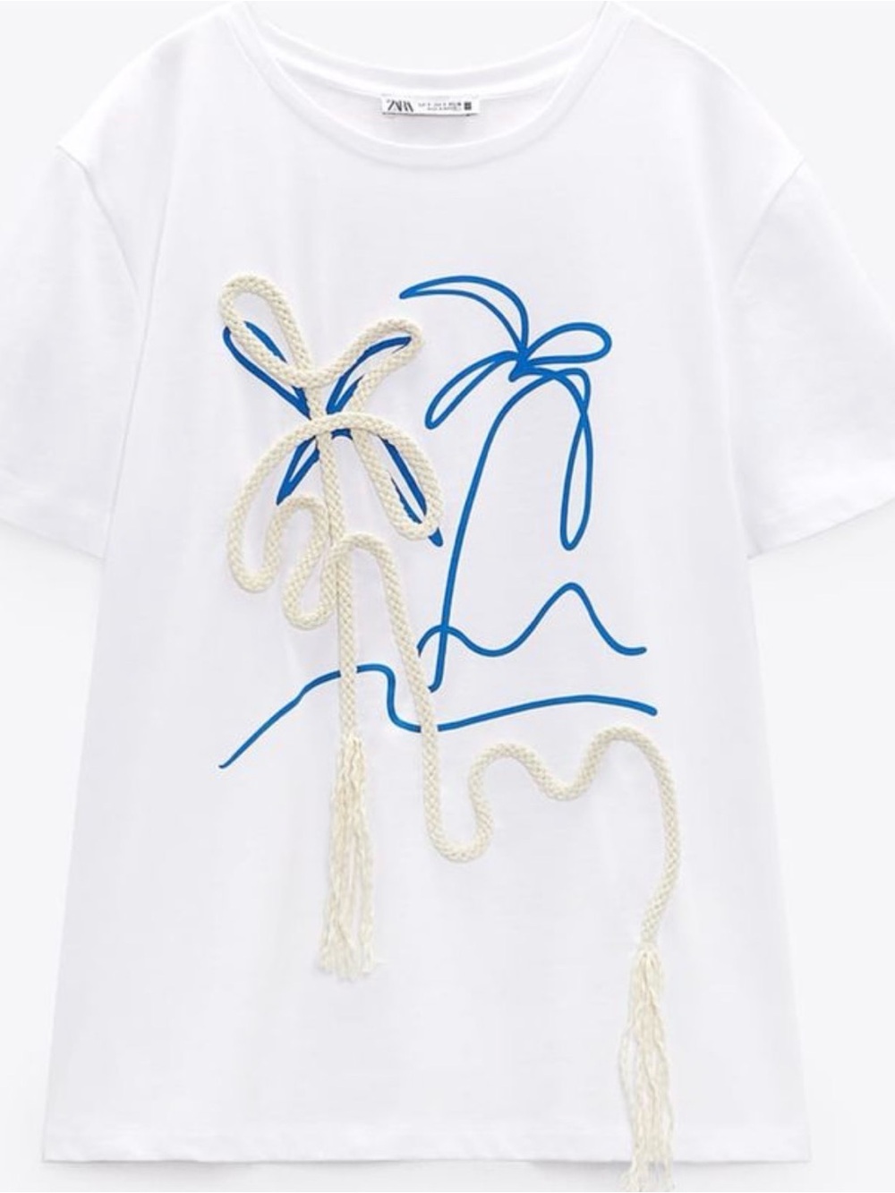 Zara Rope Palm Tree Graphic Tee White Blue Tropical Beach Applique Size Medium
